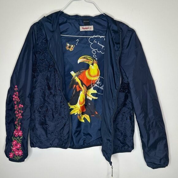 Desigual Size 40 Navy Full Zip Navy Jacket with Pink Floral Embroidered Hoodie - Picture 2 of 8